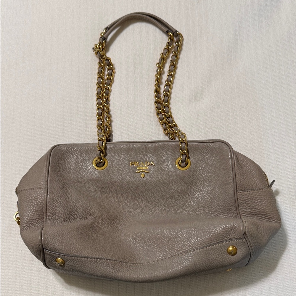 Prada Beige Leather Shoulder Bag with Gold Chain